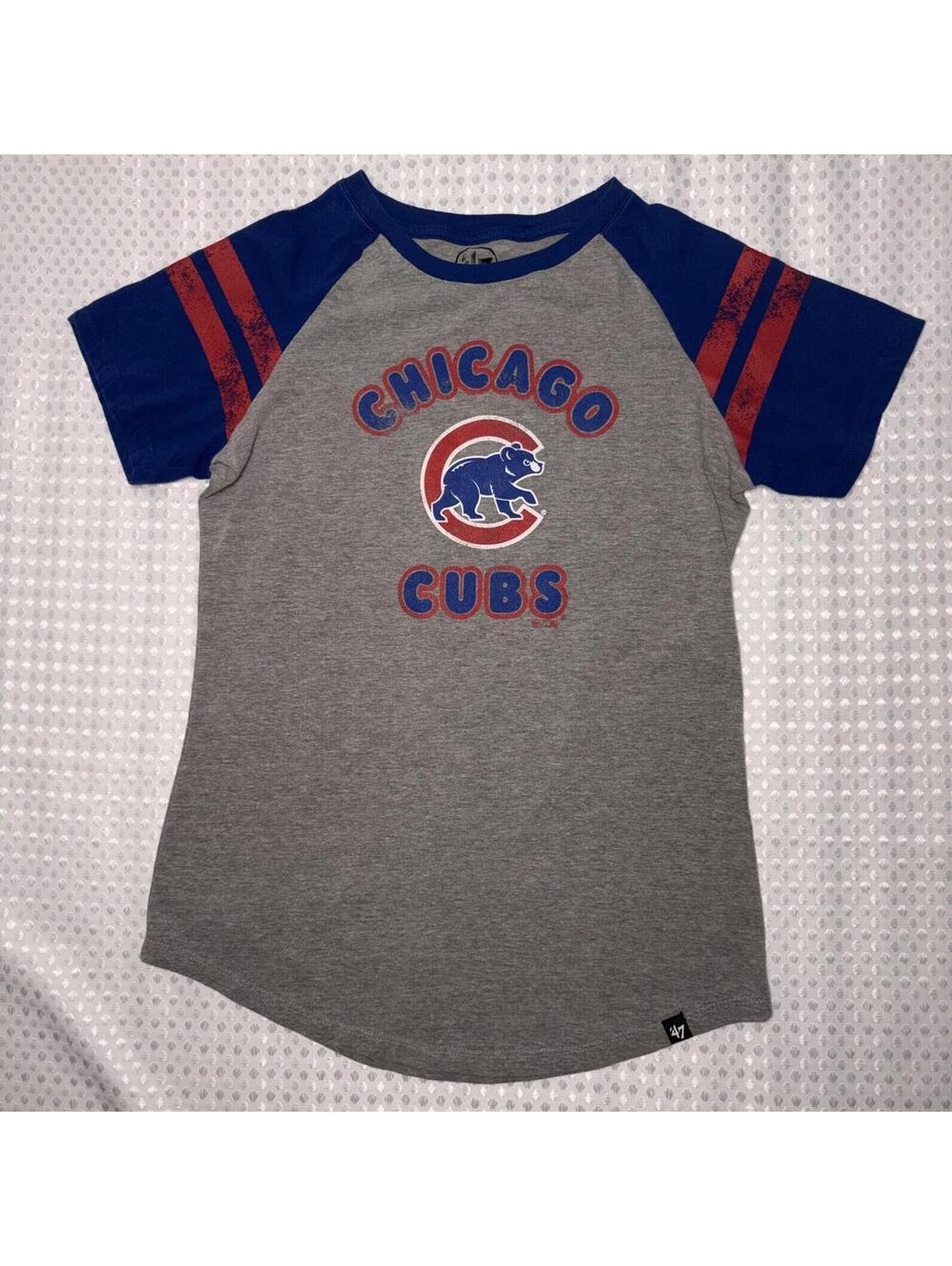 ‘47 Brand Chicago Cubs Women’s S Gray Blue Raglan T-Shirt MLB Baseball Tee